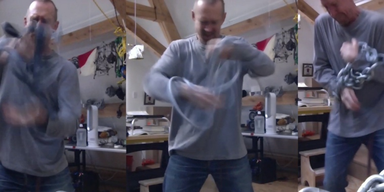 A video still from the work TRI TEMPI (2023) by William Forsythe. It is a triptych and shows Forsythe standing with an object in his hand.